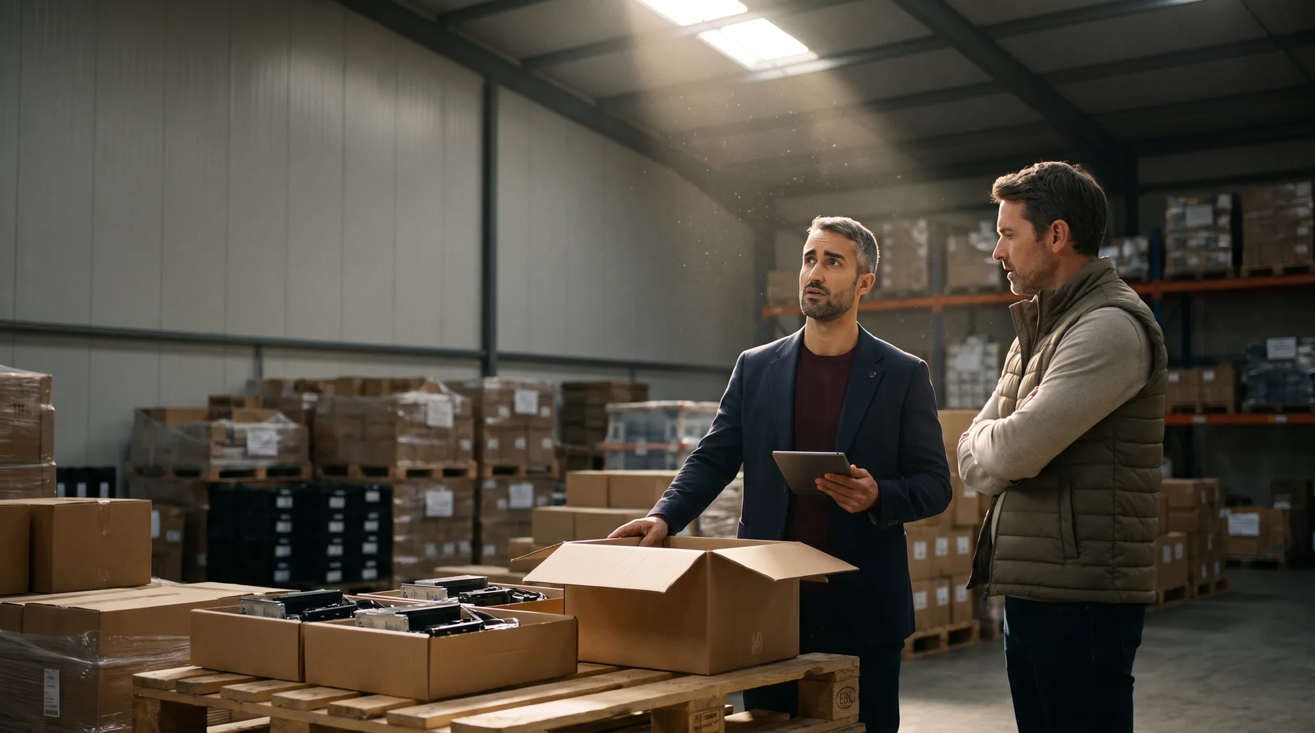 Tariq, tablette en main, dans un entrepôt, devant un carton d’équipements ouvert.