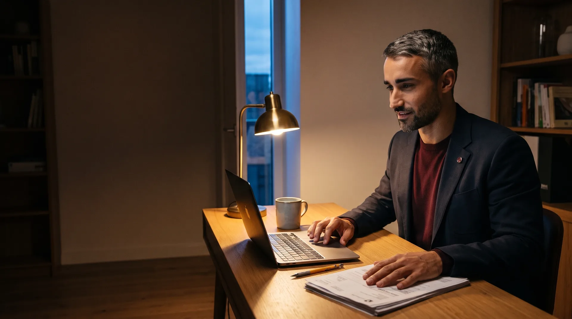 Tariq seul à son bureau le soir, la main sur une liasse de documents d’expédition.